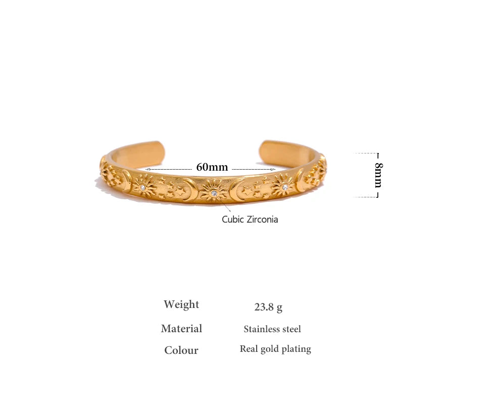 Yhpup Golden Stainless Steel Moon Star Sun Bangle Bracelet  Stylish Metal Open Wrist браслеты на руку женкие Party Gift