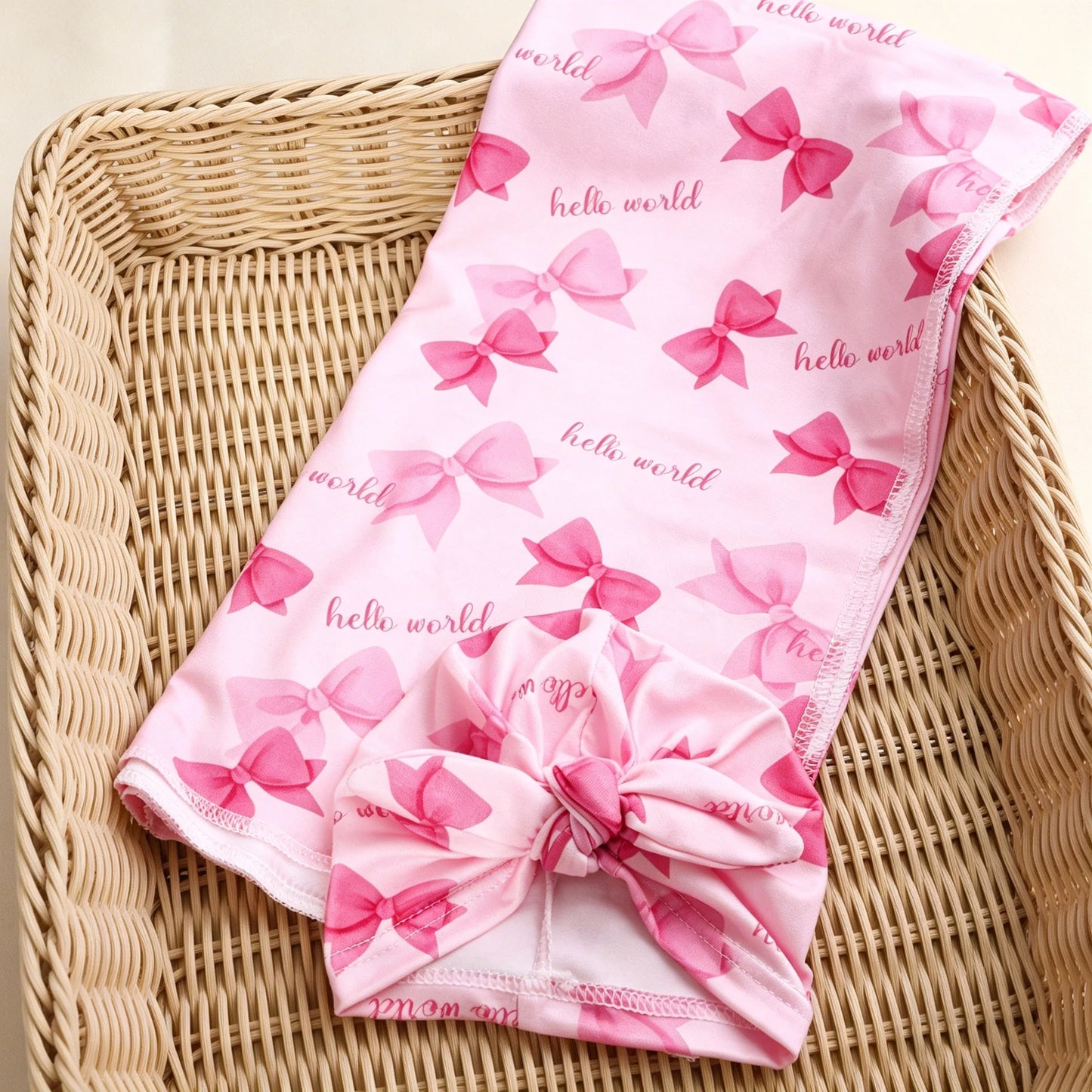 Ylsteed Newborn Photography Receive Blanket Newborn Bow Print Swaddle Blanket with Hat Bedding Infant Bath Towel Baby Items-HD