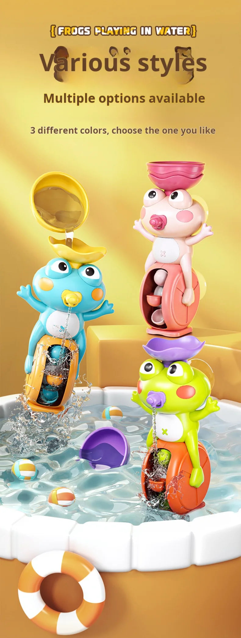 Cute Frog Waterwheel Bath Toy for Children Toddler Water Play Game in Bathroom Kid Shower Gift with Rotating Suction Cup