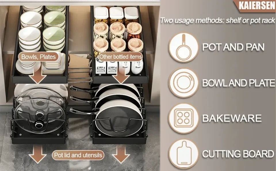 1Pc Adjustable Pull Out Pot Pan Rack Kitchen Cabinet Organiser, Expandable Kitchen Storage Holder for Pots Pans Lids Dishes