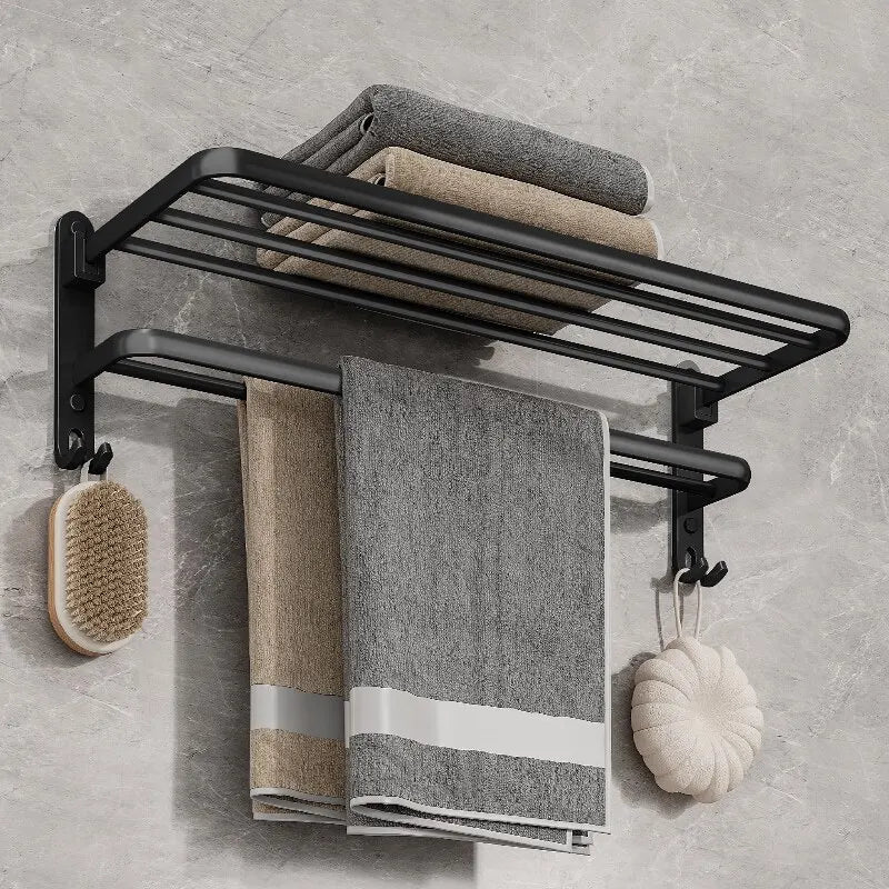 Matte Black 50CM Folding Holder With Hook Towel Holder Wall Mount Aluminum Towel Rack