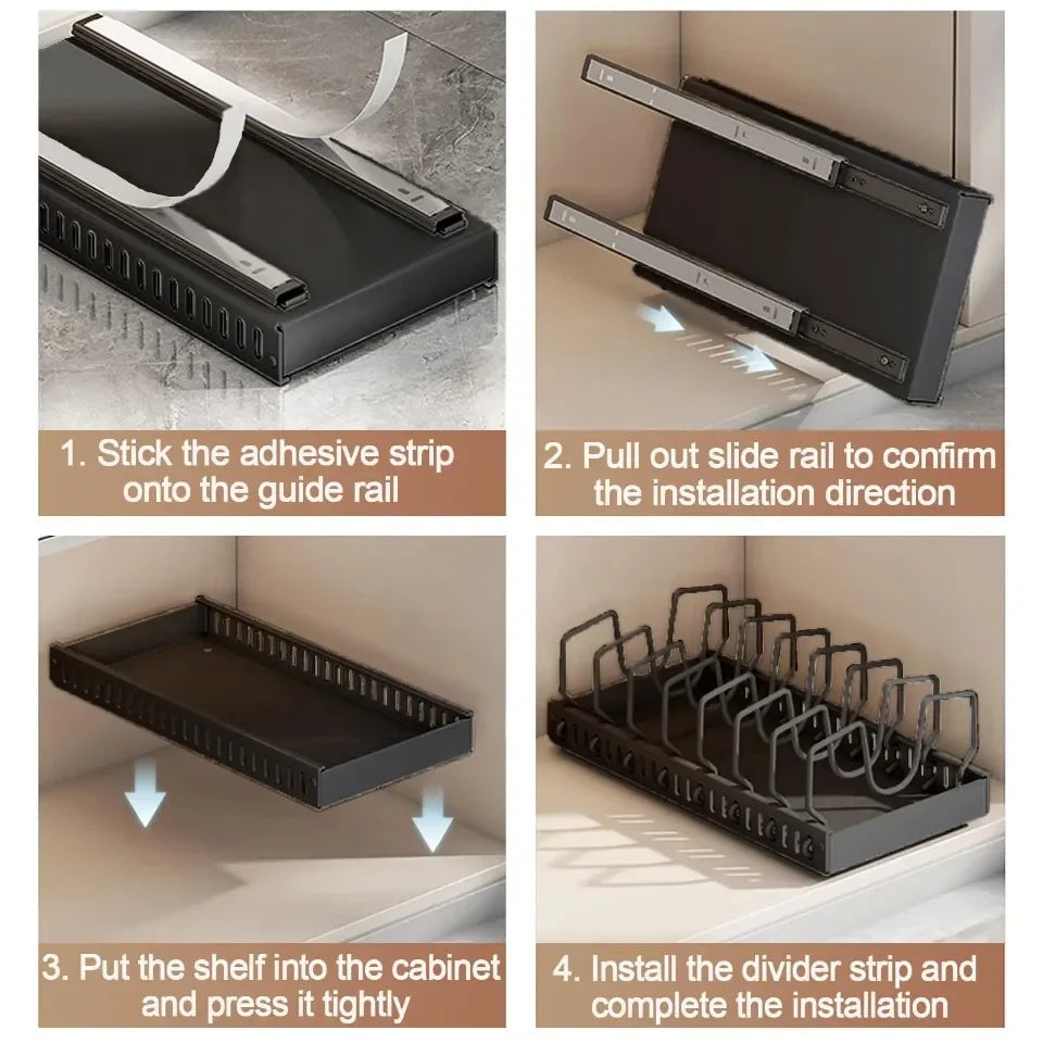 Kitchen Cabinet Pull Out Tray Organiser Adjustable Dish Rack with Slide Rails for Pots and Pans Storage