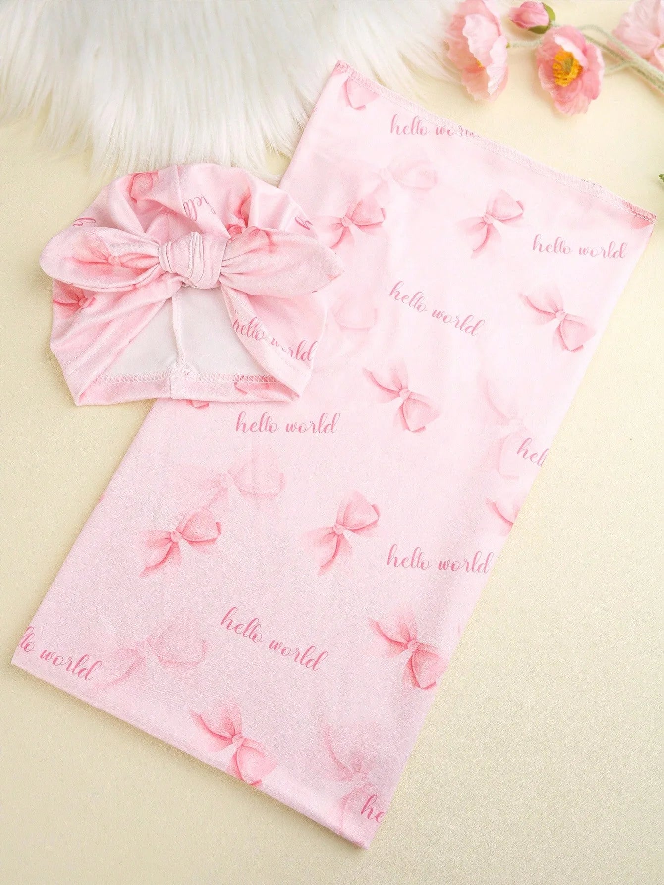 Ylsteed Newborn Photography Receive Blanket Newborn Bow Print Swaddle Blanket with Hat Bedding Infant Bath Towel Baby Items-HD
