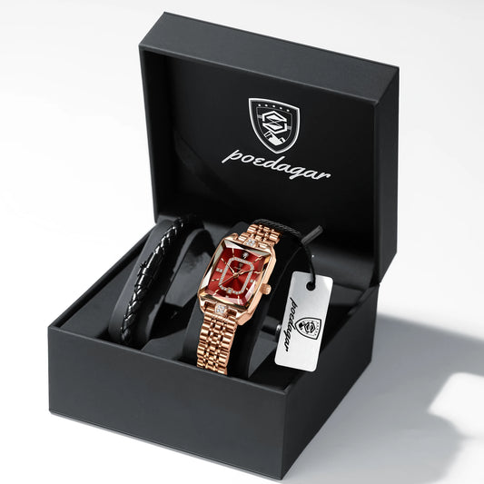 POEDAGAR Fashion High Quality Women Wristwatch Waterproof Date Ladies Watch Rectangle Stainless Steel Women's Quartz Watches+Box