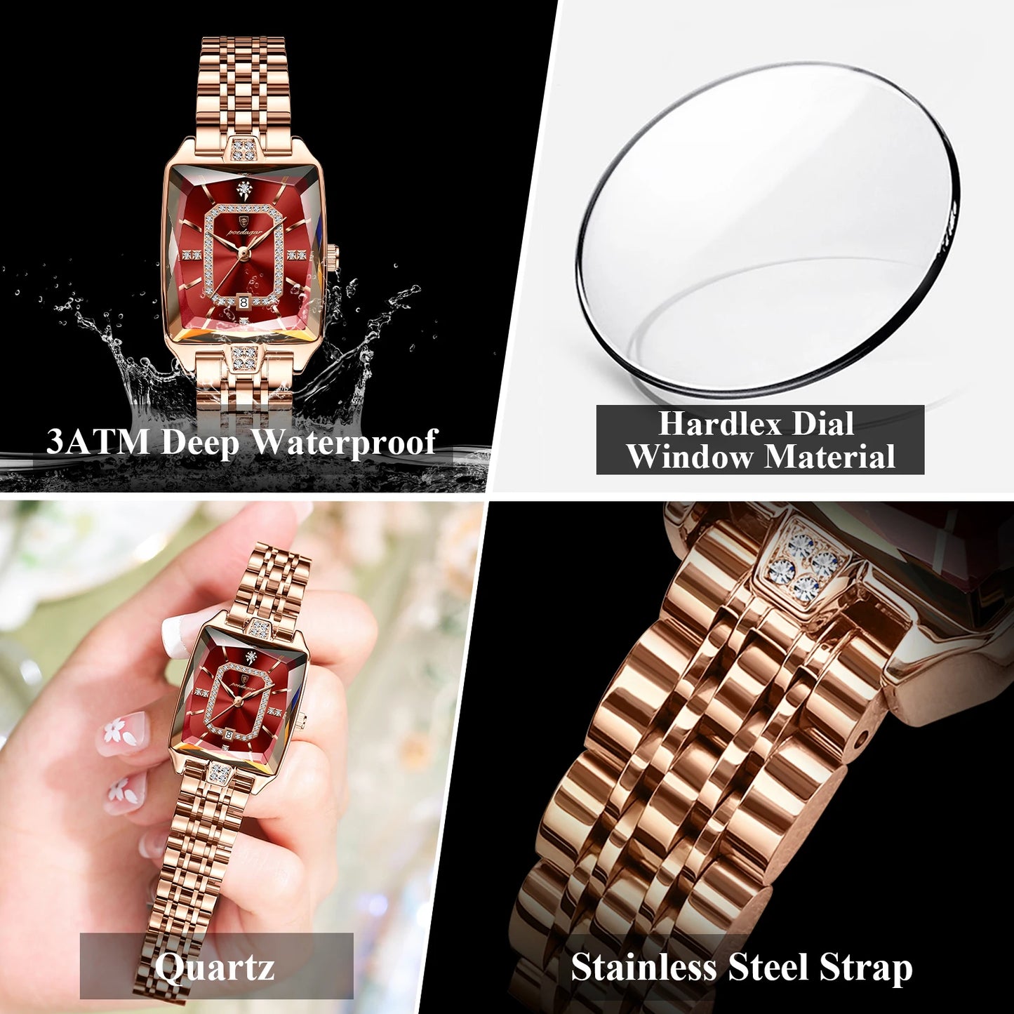POEDAGAR Fashion High Quality Women Wristwatch Waterproof Date Ladies Watch Rectangle Stainless Steel Women's Quartz Watches+Box