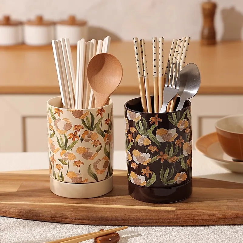 French Iris Ceramic Chopstick Holder Countertop Mold Proof Draining Chopstick Storage Jar Knife Spoon Rack Kitchen Storage Tool