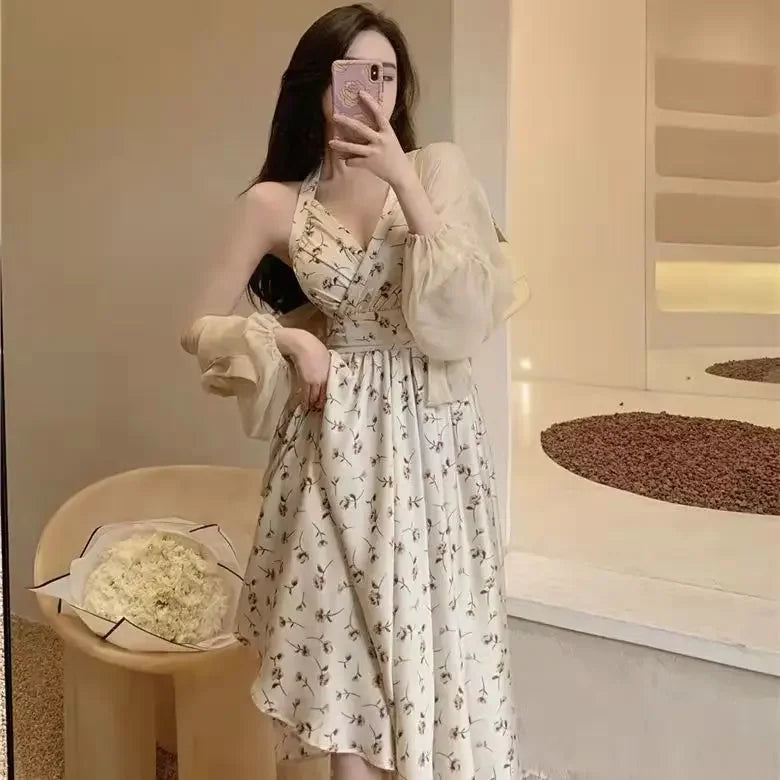 Summer New Gentle Wind Fragmented Flower V-Neck Sling Dress Set Waist Wrap Neck Hanging Long Dress Thin Sun Protection Cardigan