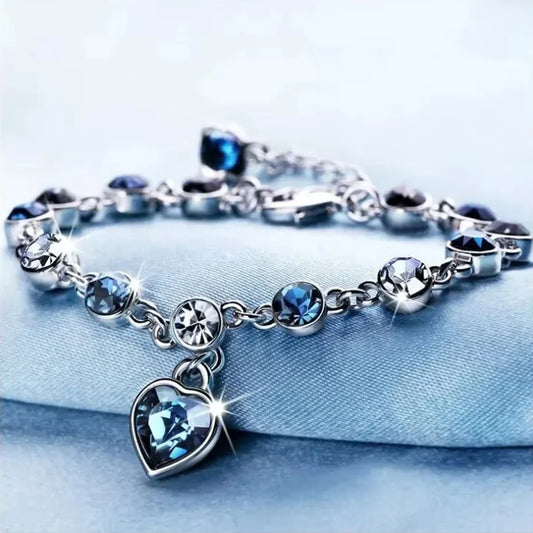 Blue Crystal Heart Charm Pulseras Bracelet
