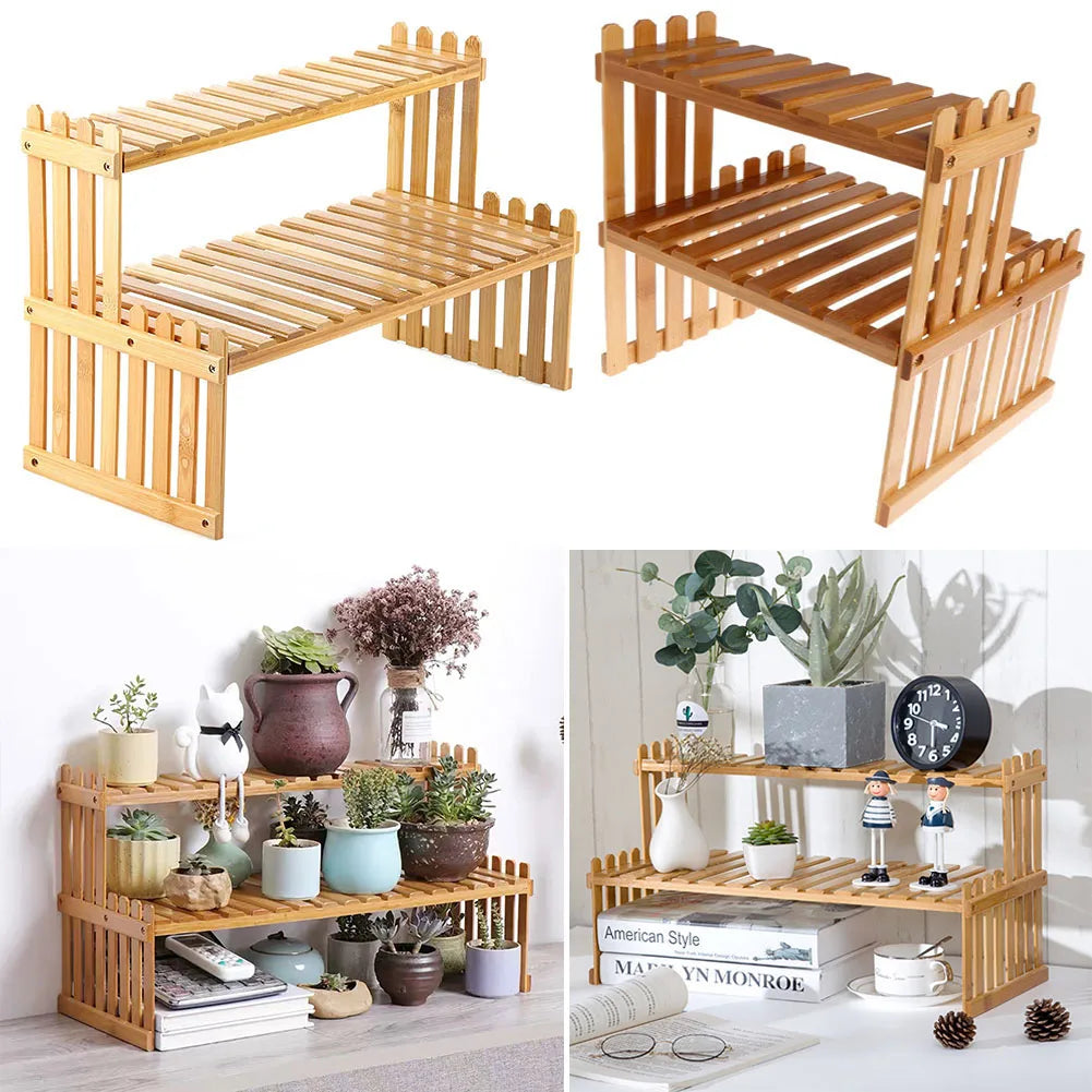 2 Tier Decorative Tabletop Wood Plant Stand Display Shelf For Home Office Tidy Storage Organiser