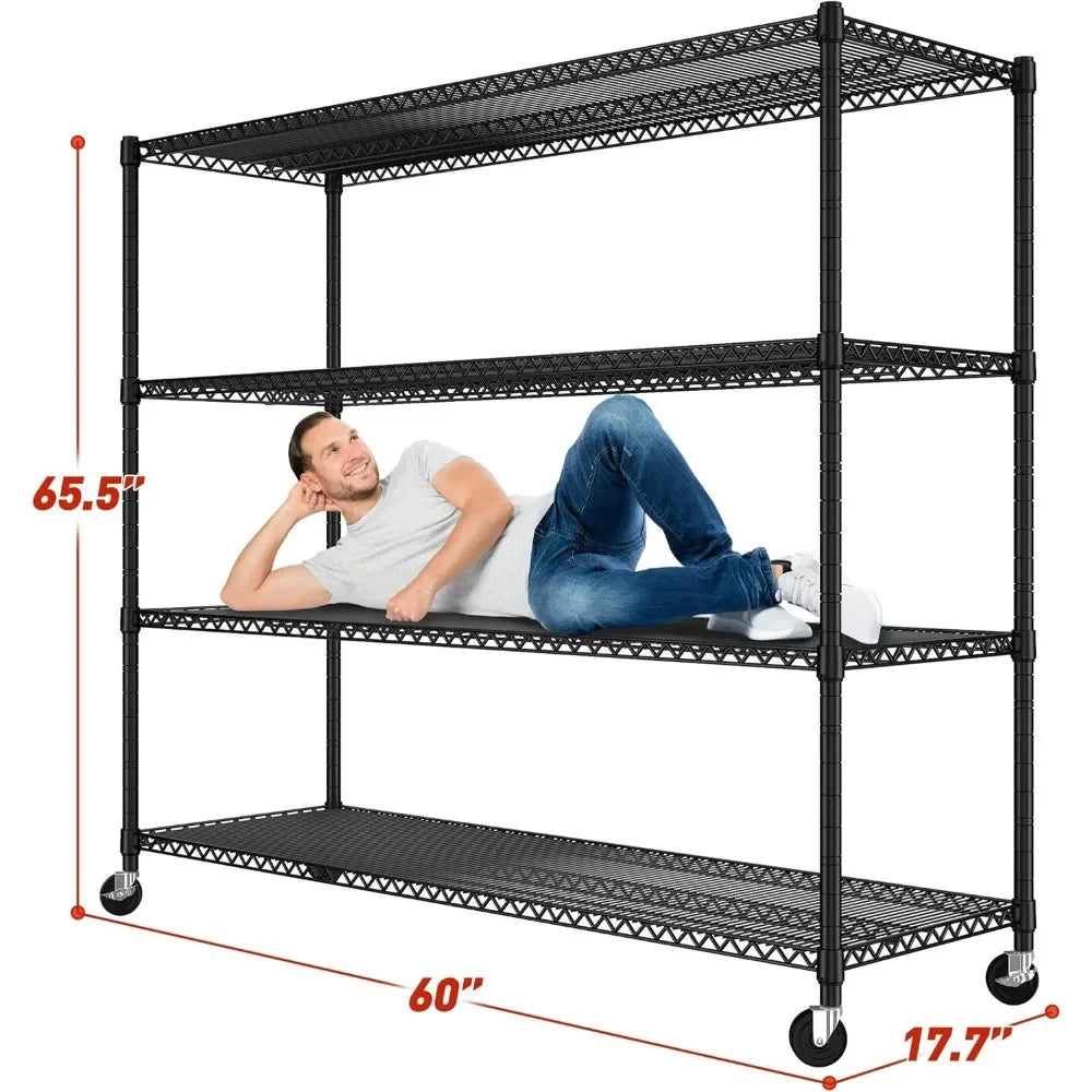 Wire Shelving Unit with Wheels, 4 Tier Adjustable Storage Shelves for Kitchen, Pantry, Office, Garage, Warehouse,