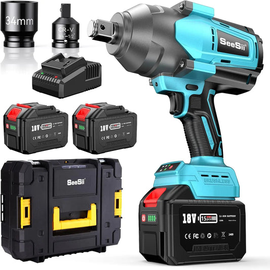 Seesii 2000Nm Cordless Impact Wrench 3/4''Brushless Power Impact Gun Heavy Duty Electric Driver for Truck Mower Car Repair Tools