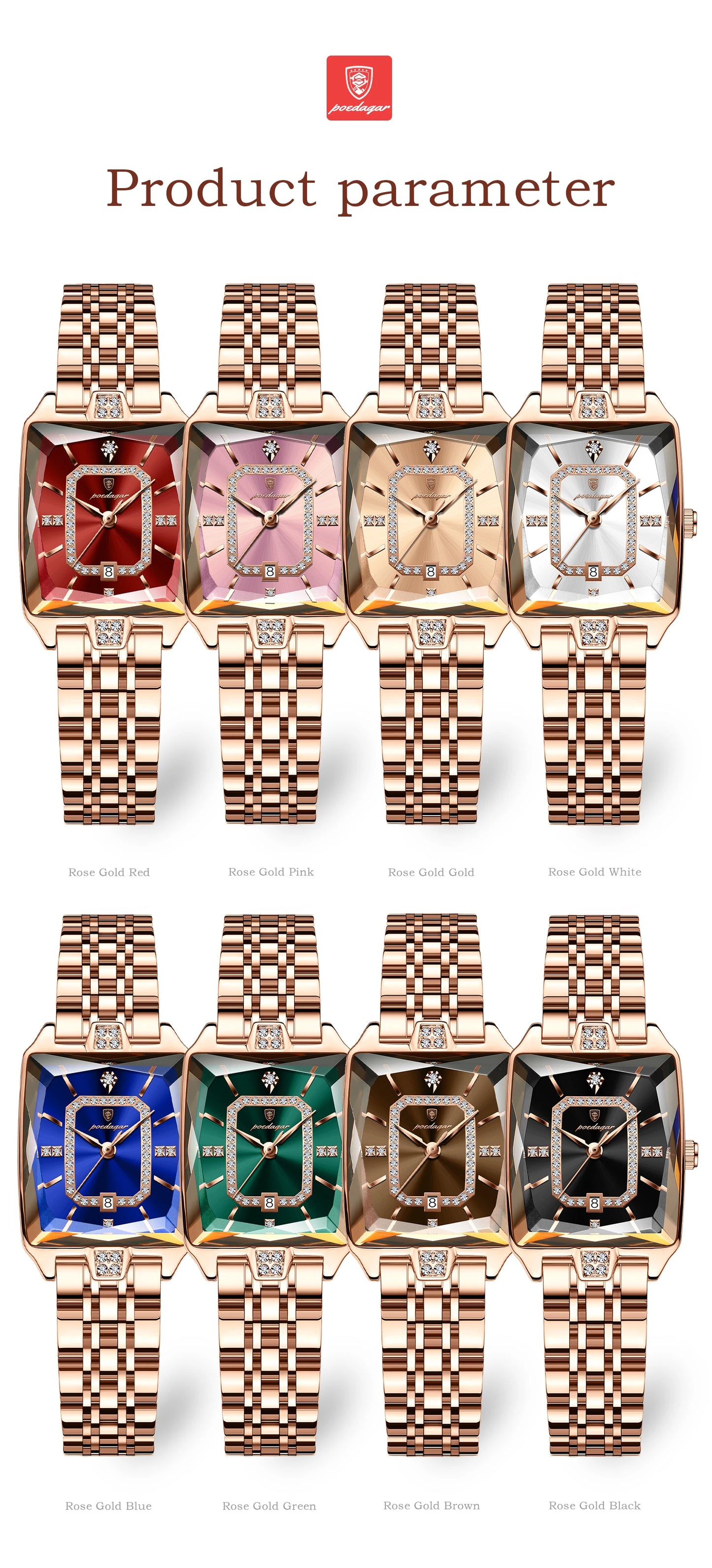 POEDAGAR Fashion High Quality Women Wristwatch Waterproof Date Ladies Watch Rectangle Stainless Steel Women's Quartz Watches+Box