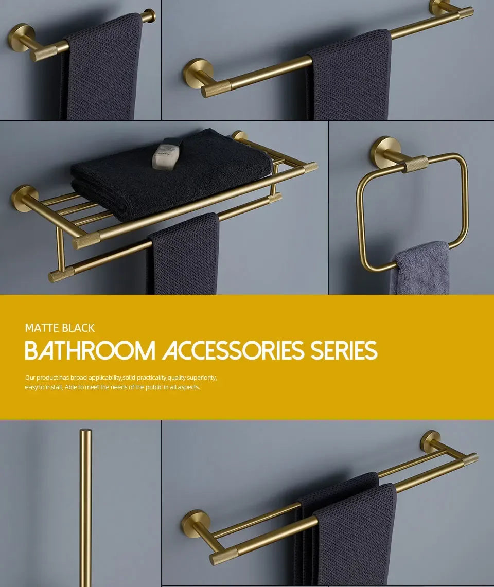 Bathroom Hardware Accessories  Brushed Gold Knurled Brass Kit Towel Bar Ring Robe Hook Paper Holder Towel Ring Toilet Brush