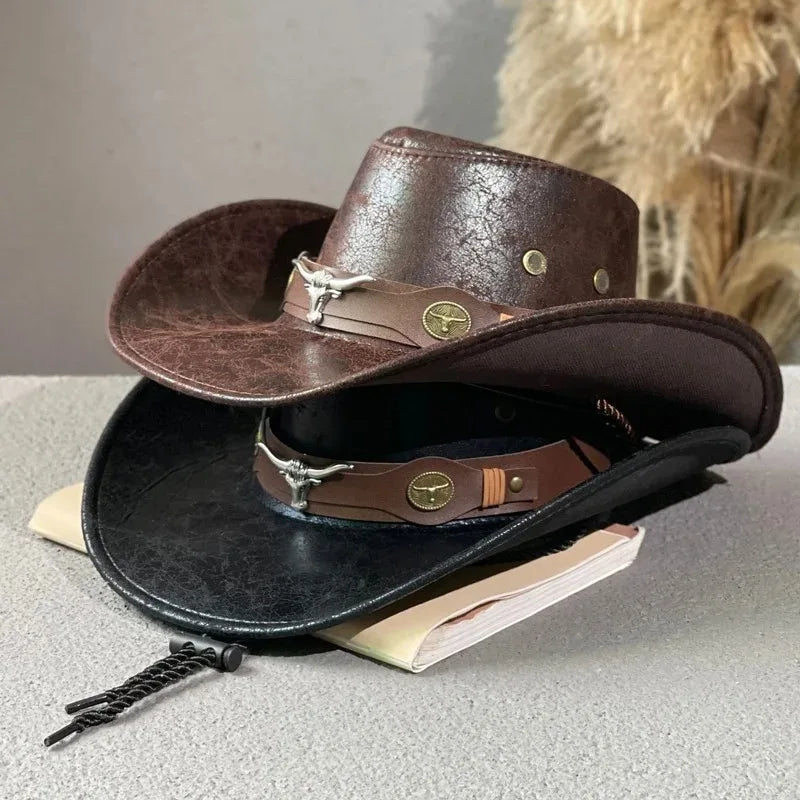 1 PC Vintage Faux Leather Western Cowboy Hat For Men Women Outdoor Gentleman Cowgirl Jazz Hats Sombrero Hombre