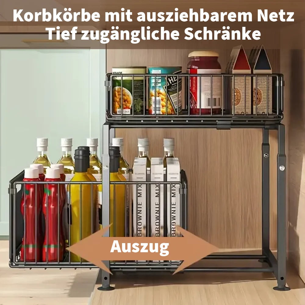 2 Tier Under Sink Storage Organiser Slide-out Cabinet Storage Basket Adjustable Kitchen Storage Rack with Suction cups