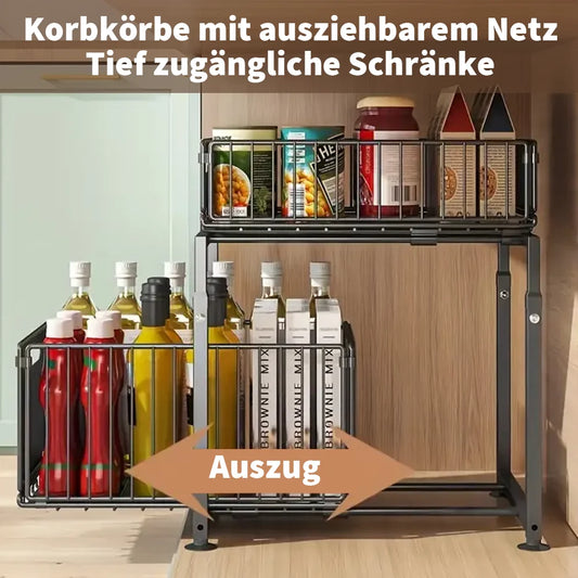 2 Tier Under Sink Storage Organiser Slide-out Cabinet Storage Basket Adjustable Kitchen Storage Rack with Suction cups