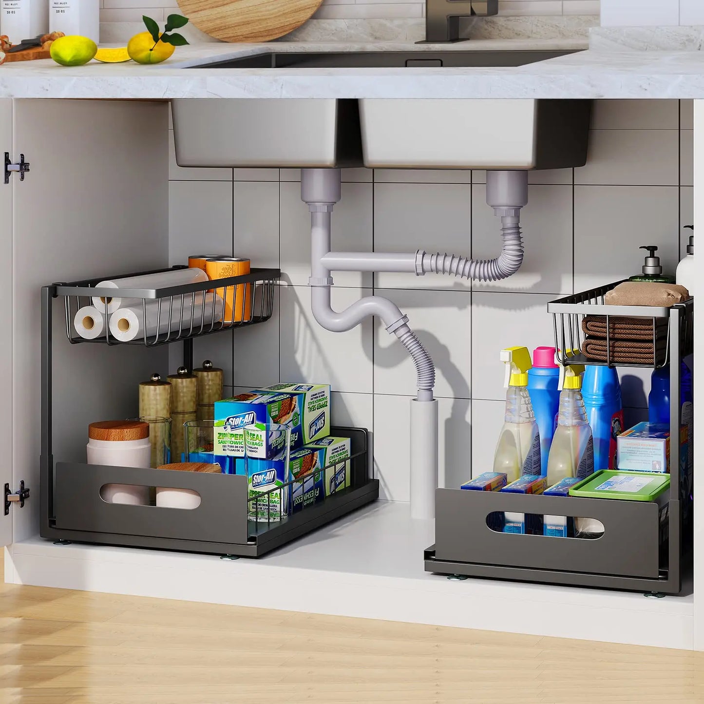 Under Sink 2 Tier Sliding Cabinet Basket Organiser Drawer Pull Out Cabinet Multi-Purpose  Sink Organiser for Bathroom Kitchen