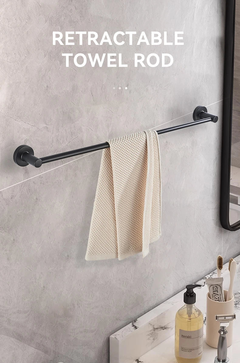 Bathroom Retractable Towel Single Bar Black, Chrome Single Towel Rack Extended Drying Towel Hanging Bar Bathroom Stainless Steel
