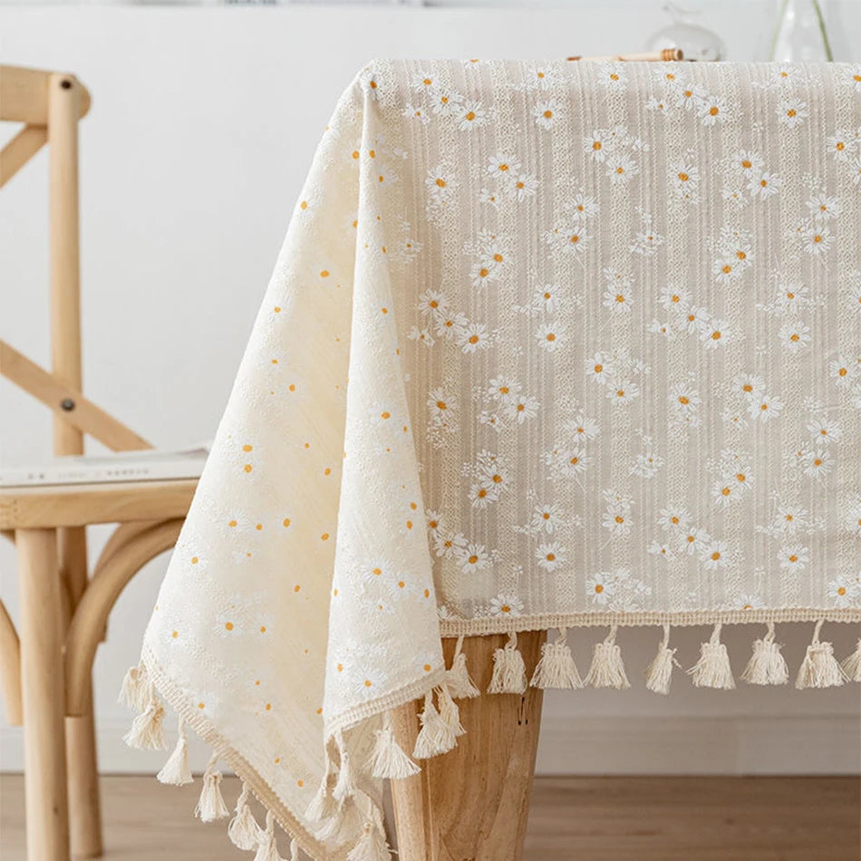 Korean Style Daisy Tassels Cotton Floral Table Cloth