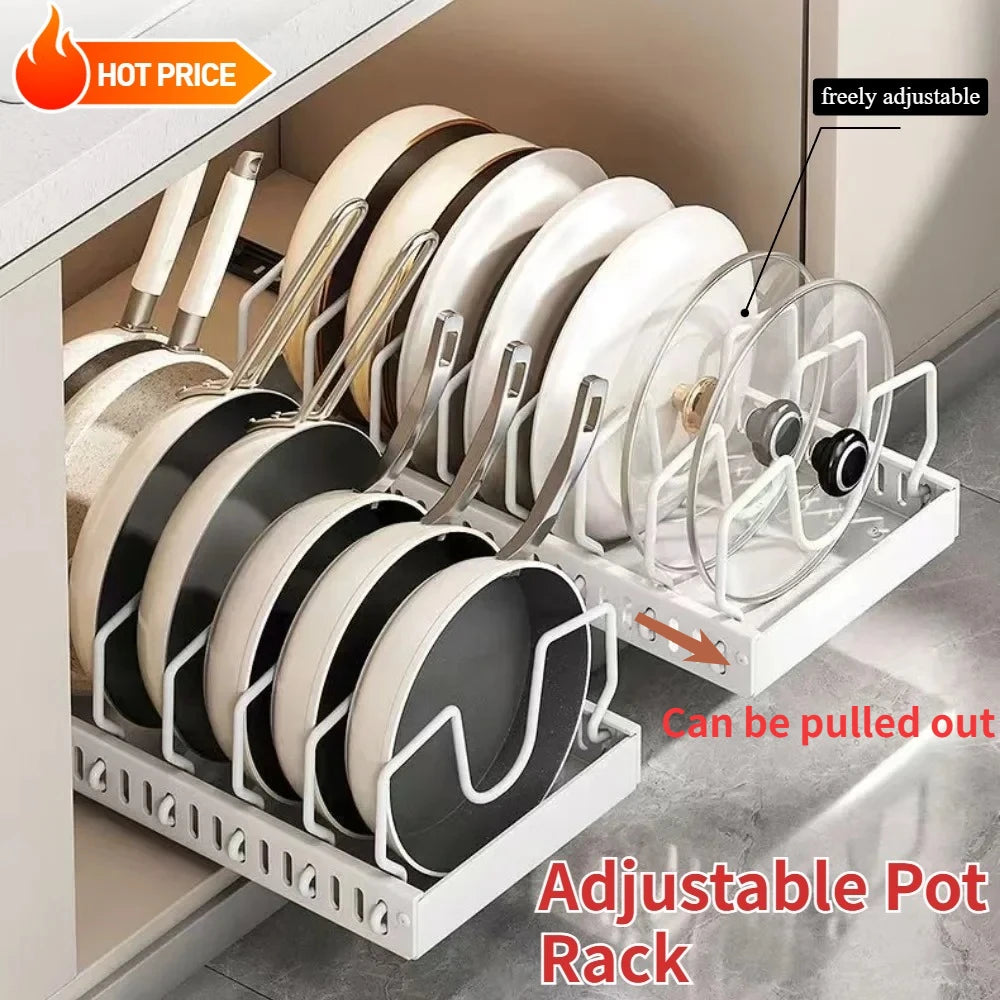 1Pc Adjustable Pull Out Pot Pan Rack Kitchen Cabinet Organiser, Expandable Kitchen Storage Holder for Pots Pans Lids Dishes