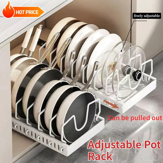 1Pc Adjustable Pull Out Pot Pan Rack Kitchen Cabinet Organiser, Expandable Kitchen Storage Holder for Pots Pans Lids Dishes
