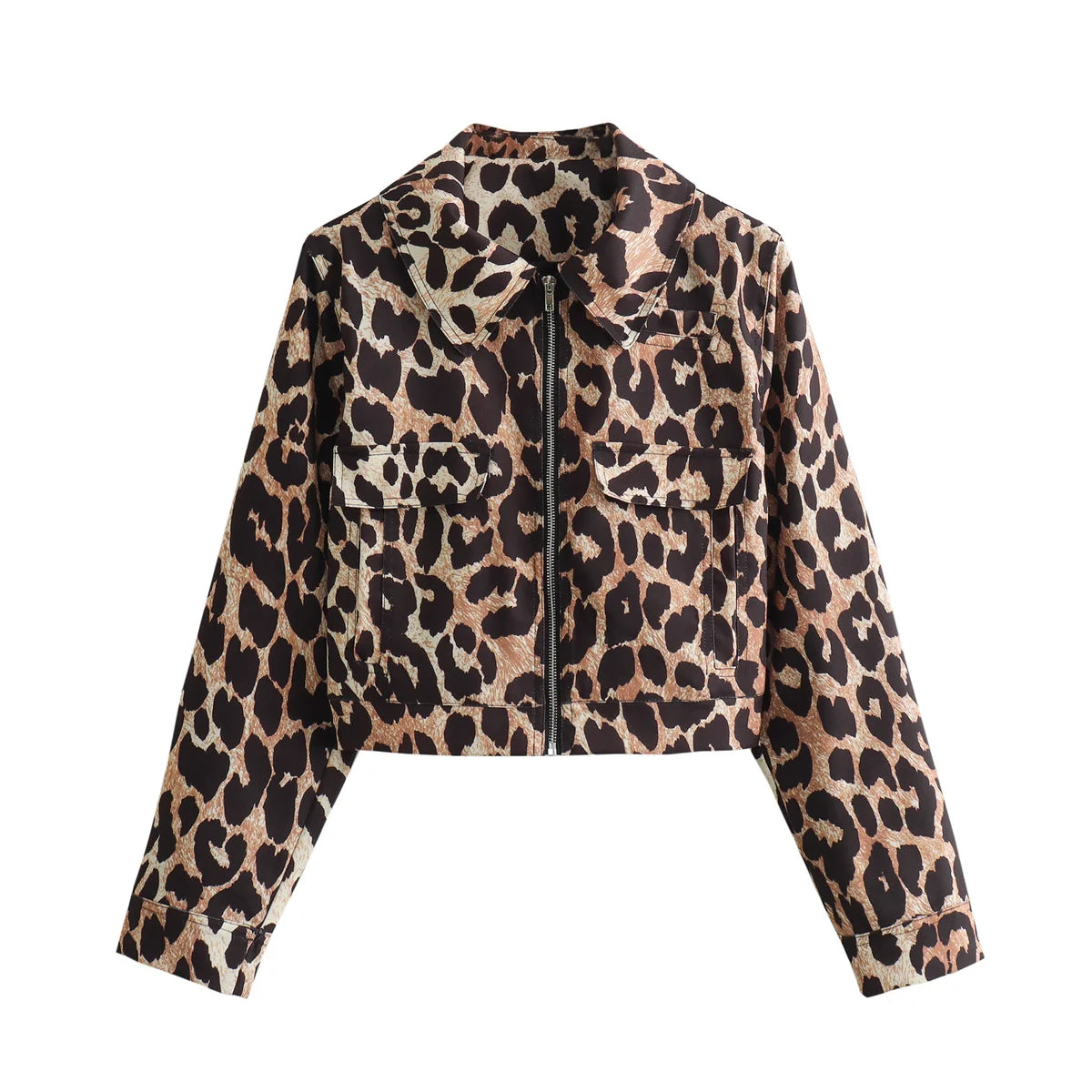 TRAFZA Vintage Casual Women Jackets Leopard Print Zippers Turn-down Collar Short Coats New Fashion 2024 Spring Holiday Jackets