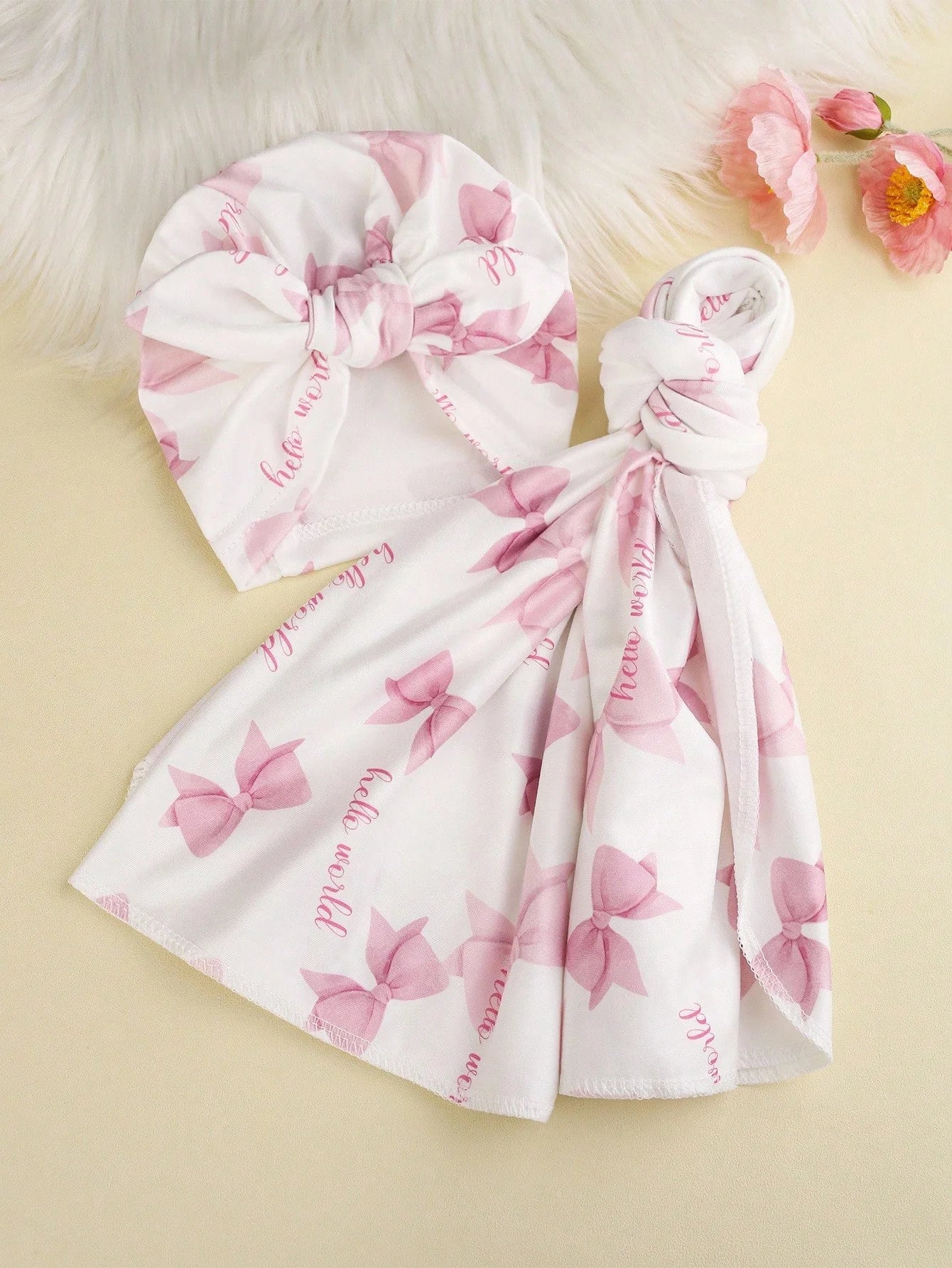 Ylsteed Newborn Photography Receive Blanket Newborn Bow Print Swaddle Blanket with Hat Bedding Infant Bath Towel Baby Items-HD