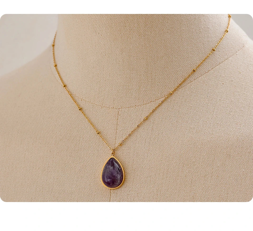 Yhpup Water Drop Amethyst Green Aventurine Natural Stone Necklace Stainless Steel Fashion Charm Pendant Jewelry Tarnish Free