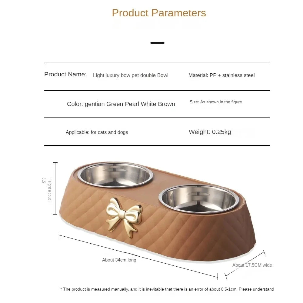 Double Pet Bowl for Cats & Dogs – Bow-Tie Design, Stainless Steel Food & Water Feeder with PP Base