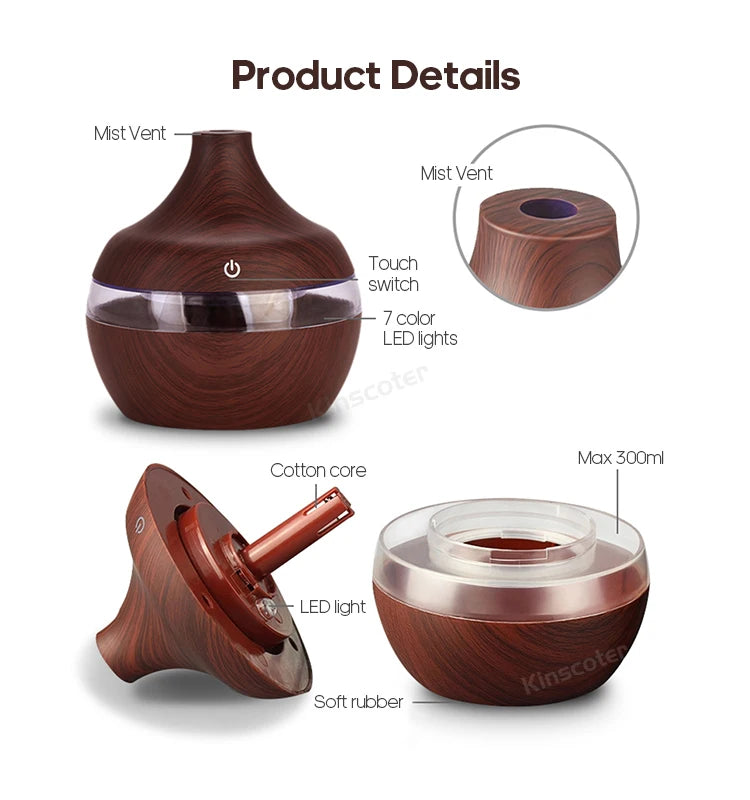 Wood Grain Humidifier 300ml USB Aroma Diffuser Atomizer USB Household Humidifier Hydrating Instrument Desktop Humidifier