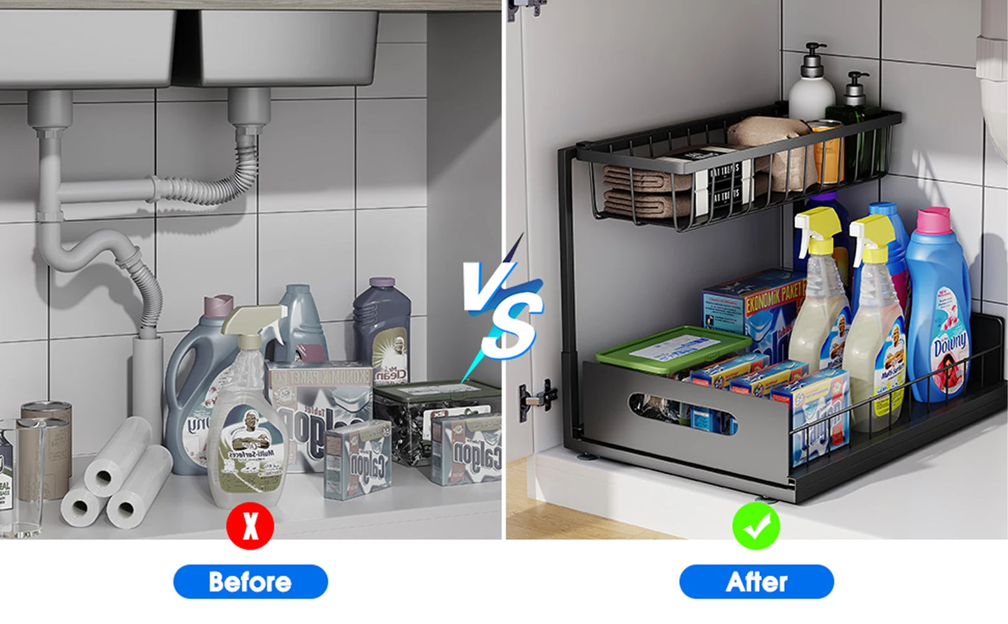 Under Sink 2 Tier Sliding Cabinet Basket Organiser Drawer Pull Out Cabinet Multi-Purpose  Sink Organiser for Bathroom Kitchen