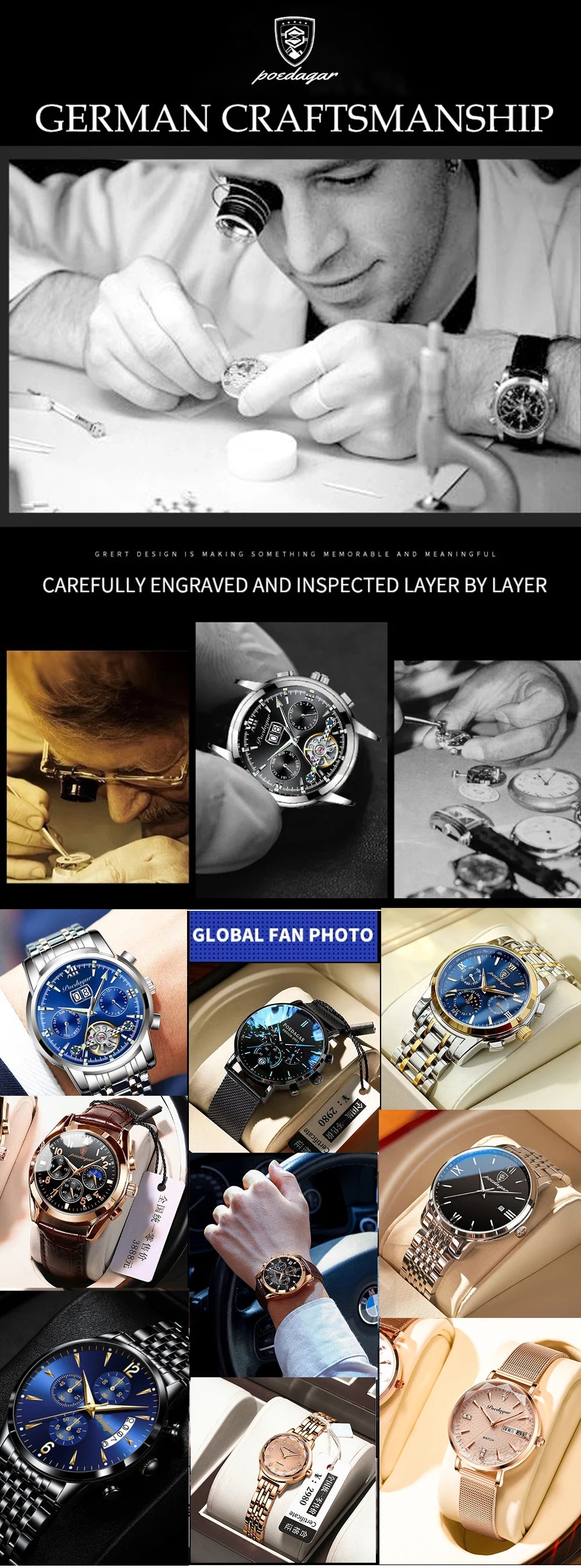 POEDAGAR Top Fashion Watches For Couple Waterproof Date Week Couple's Watches Quartz Stainless Steel Couple Watch Lovers Set+Box
