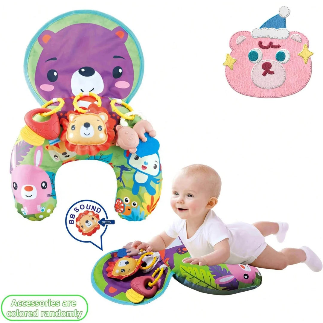Baby Tummy Time Pillow with Rattle Toys, Multifunctional Crawling Mat Play Gym for Infants, Colorful Cartoon Animals Support Cus