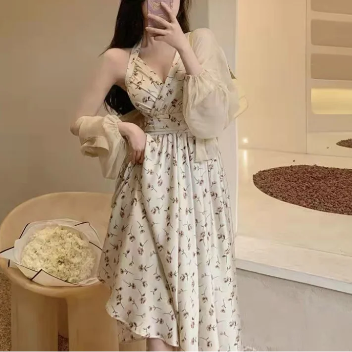 Summer New Gentle Wind Fragmented Flower V-Neck Sling Dress Set Waist Wrap Neck Hanging Long Dress Thin Sun Protection Cardigan
