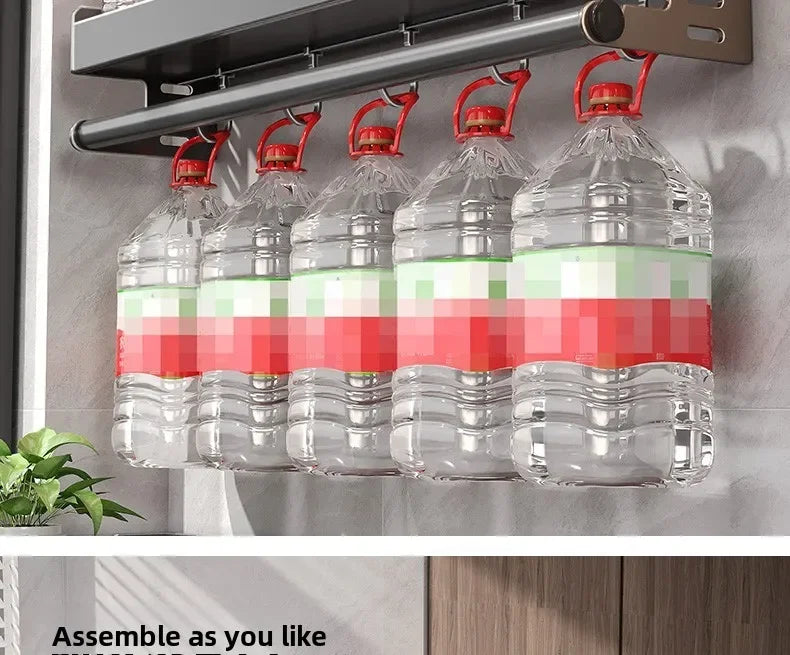 No Drill Kitchen Wall Mounted Spice Rack Space Saving Multifunctional Organiser with Hooks & Paper Towel Holder