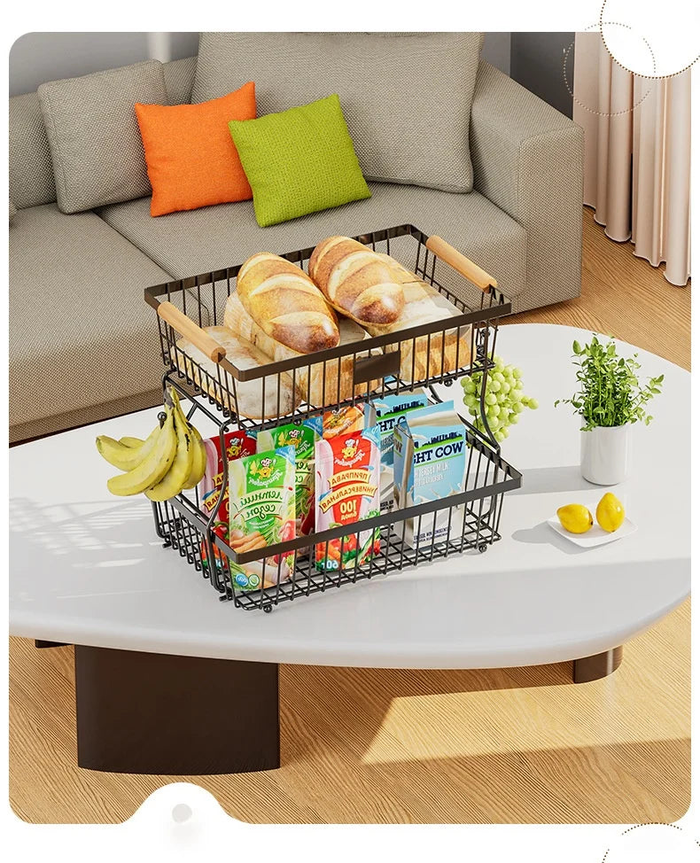 33*29cm deteachable fruit vegetable kitchen storage organisation racks holders double-layer trays wood hand SS home display