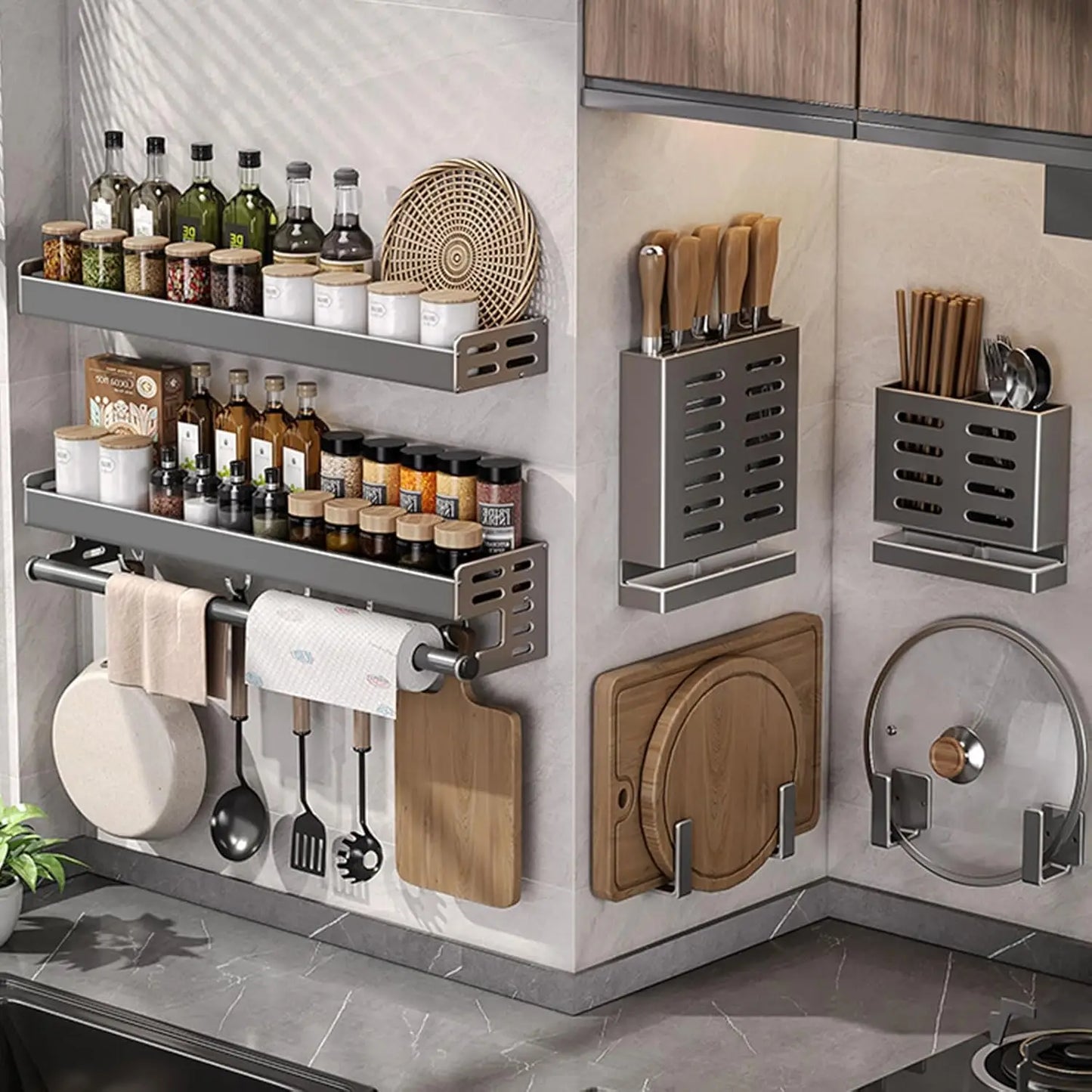 Wall Mount Utensil Holder Multifunctional Spice Organiser Shelf with Hooks Kitchen Hanging Storage Wall Shelf