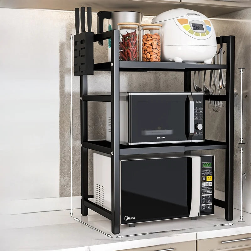 Kitchen Microwave Oven Rack Double Layer Expandable Multi Functional Home Appliance Storage Shelf Carbon Steel No Installatio...
