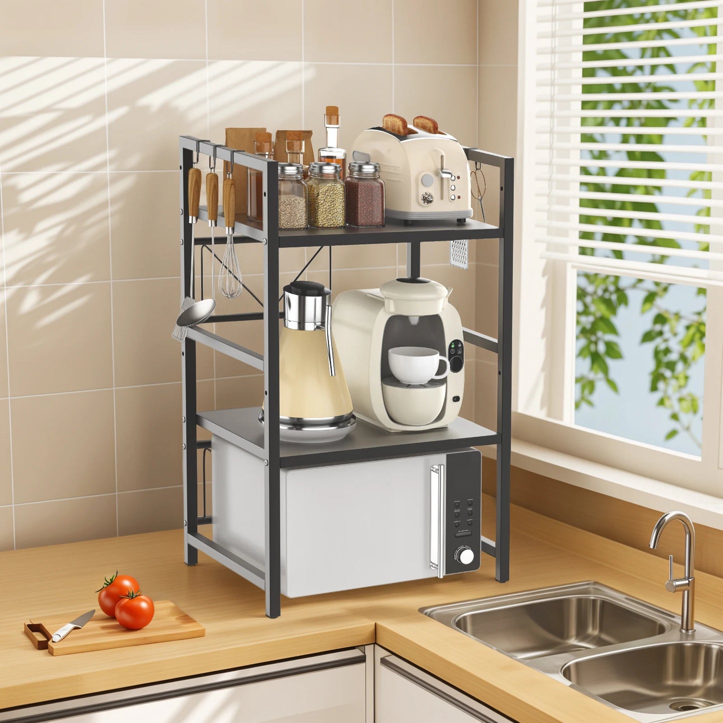 3 Tiers Expandable Microwave Oven Rack with 6 hooks, Microwave Shelf Stand, Carbon Steel for Pots Pans Rice Cooker