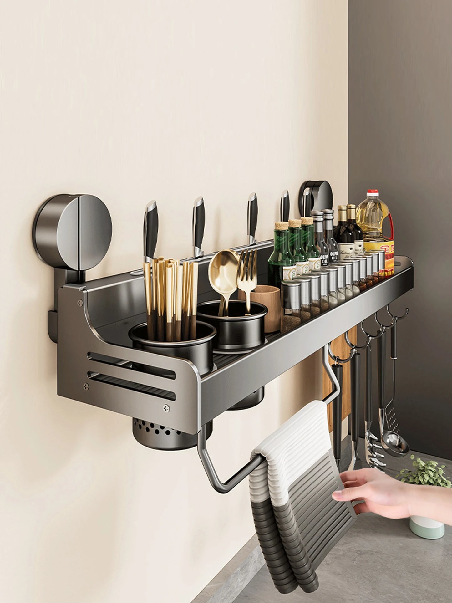 Suction Cup Kitchen Organiser Shelf Wall-mounted Spice Storage Rack Kitchen Knife Holder Wall Seasoning for Chopstick Spoon