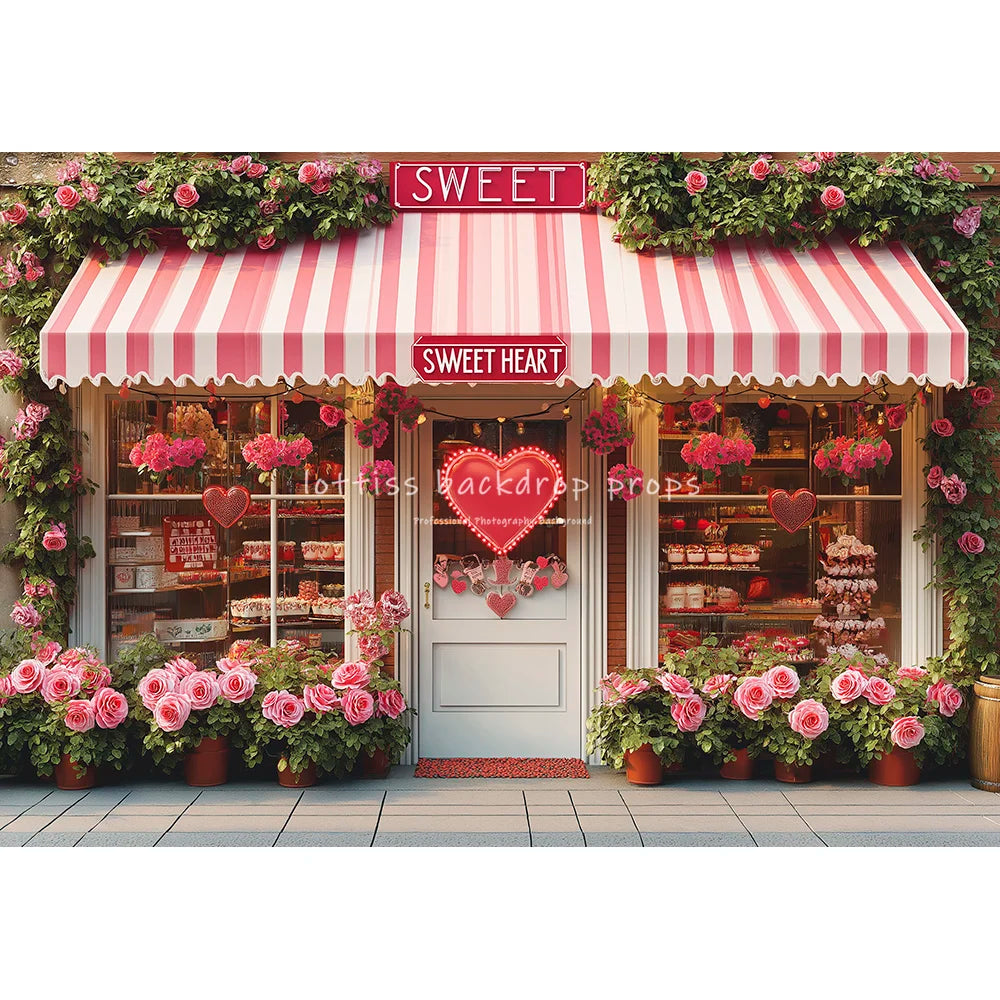 Romantic Cafe Front With Rose Backdrops Kids Baby Photography Child Photocall Sweet Heart Pink Floral Stores Backgrounds