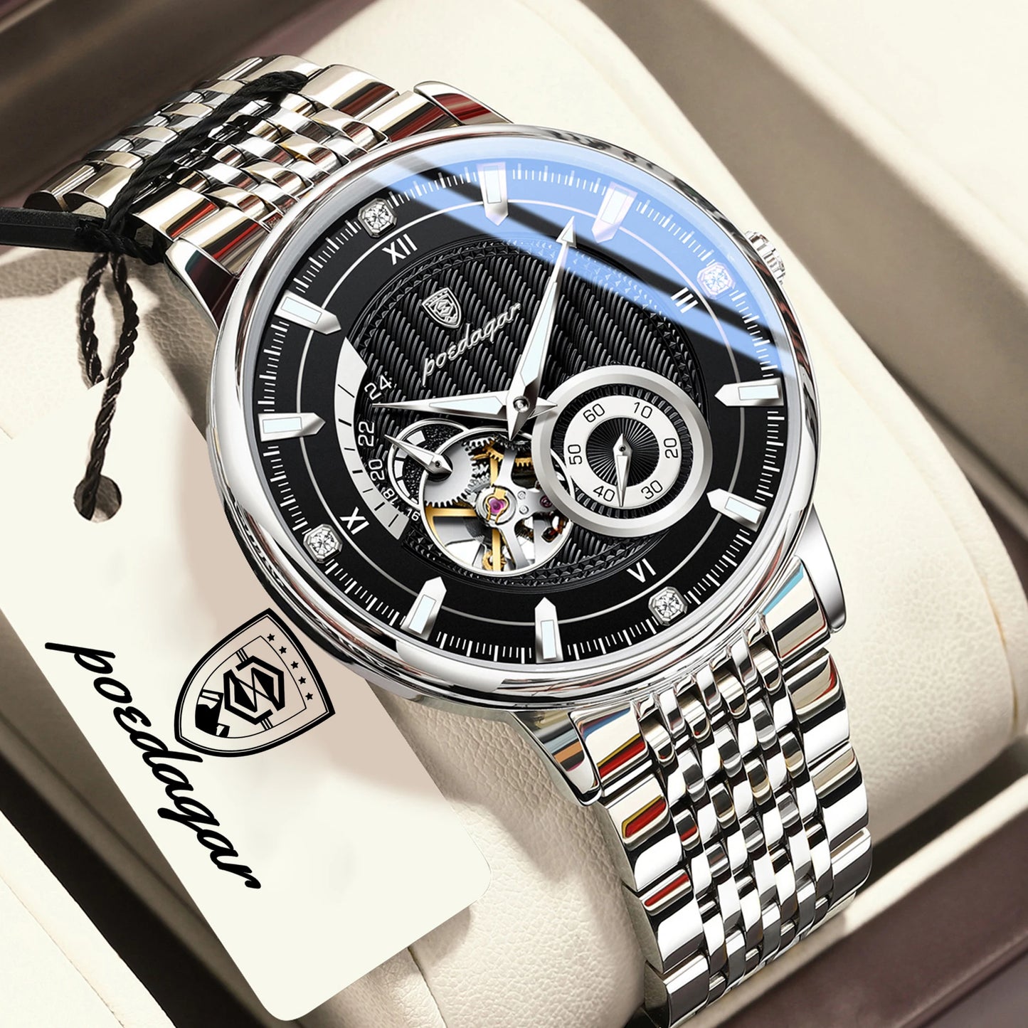 POEDAGAR Luxury Man Watch Stainless Steel Hollow Tourbillon Men Clock Luminous Mechanical Automatic Business Men's Watches Reloj