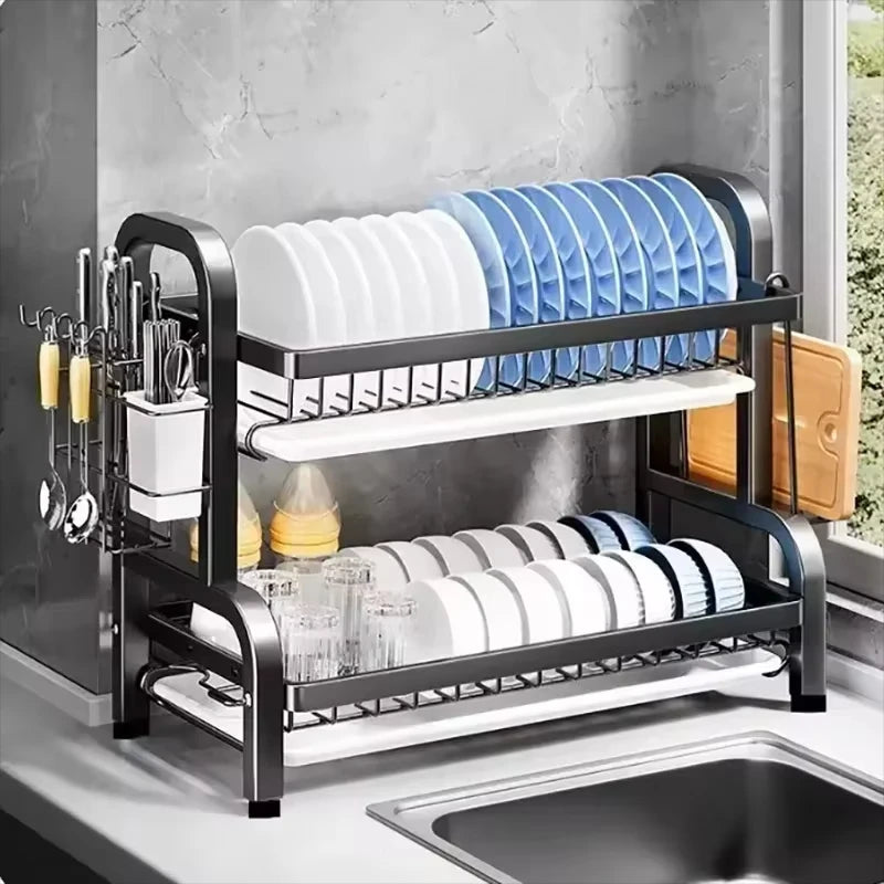 Dish Drying Rack Stainless Steel 2-tier Compact Kitchen Dish Rack Drainboard Large Rust-proof Dish Drainer With Utensil Holder