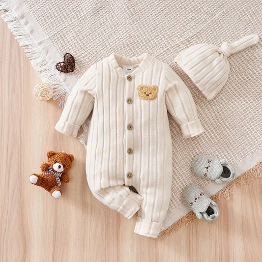 Winter Baby Toddler Onesie+Hats Button Bear Warmth Lovely 0-18 Months Newborn Knitted Romper Round Neck Soft Minimalist Casual