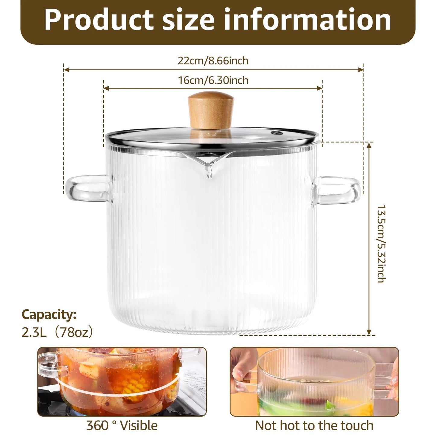 Clear Glass  Cooking Saucepan Pot with Lid Heat Resistant Glass