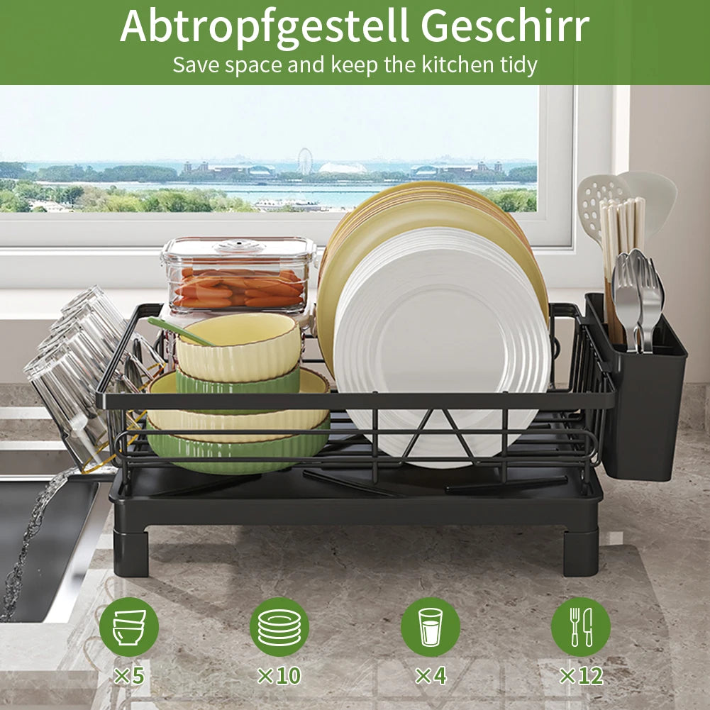 Dish Drying Rack, Rustproof Kitchen Dish Drainer,  Dish Racks with Cutlery Holder Cup Holder & Drainboard, for Kitchen Counter