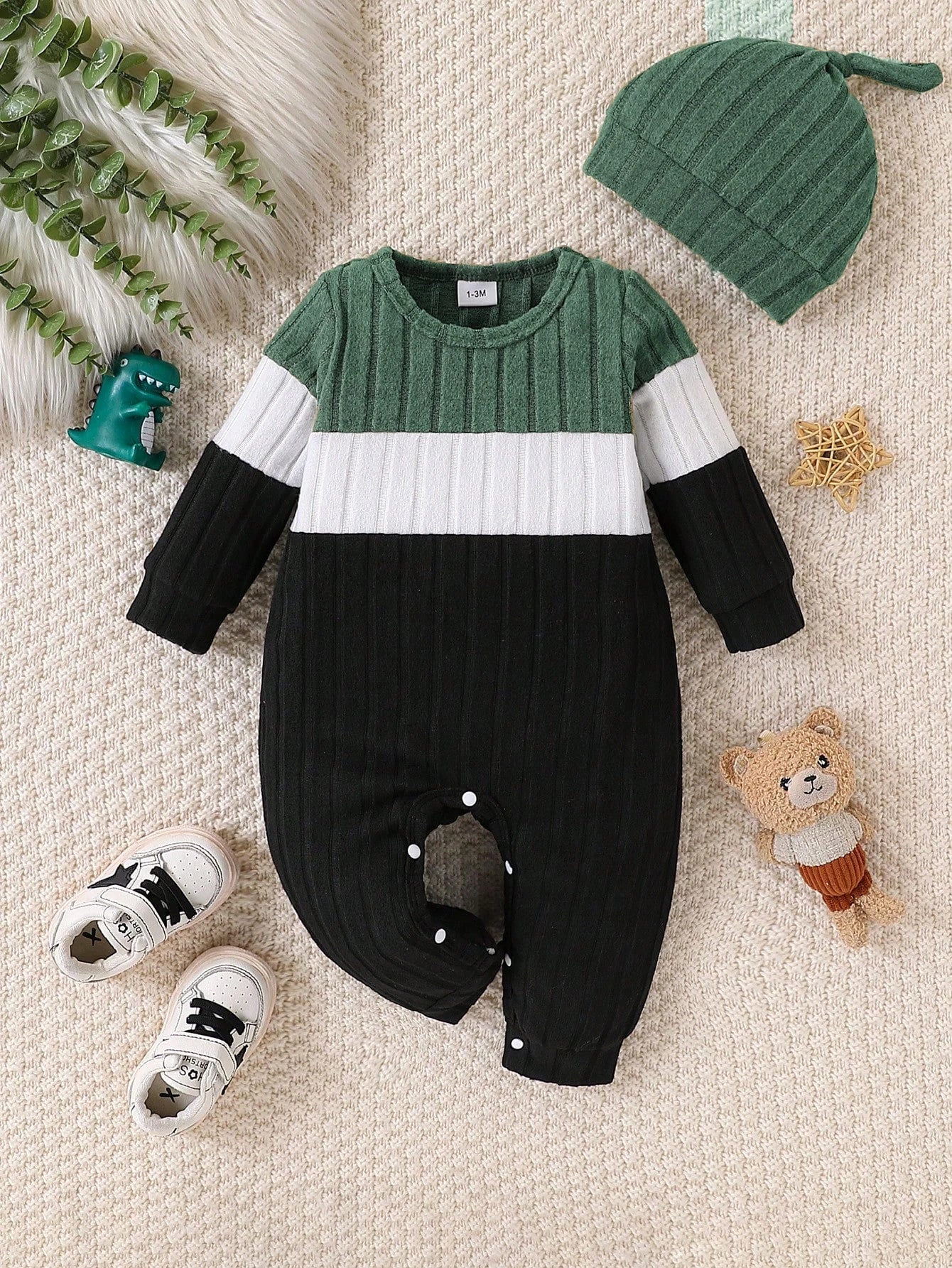 3 Colours Autumn Bodysuits Newborn Baby Boy Long Sleeve Colour Block Romper+Hat Simple Onesie Jumpsuit for Toddlers 1-18 Months