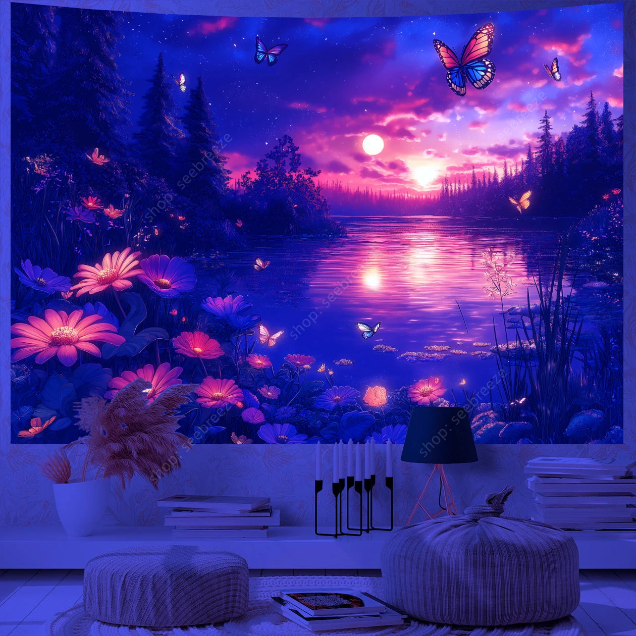 Butterfly Flower UV Reactive Tapestry Wall Hanging Hippie Boho Room Decor