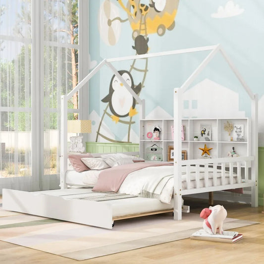 Wooden Full Size House Bed with Trundle Bed with Shelf