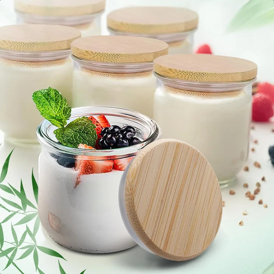 Oui Yogurt Jar Lids Leak Proof Wooden Lids Set with Silicone Sealing Rings Reusable Natural Bamboo Canning Lids Covers with Bot